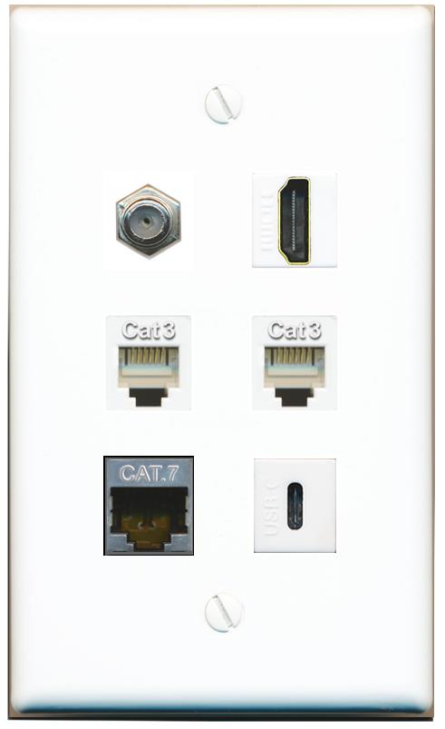  CAT7 COAX HDMI 2 PHONE USBC Flat/Solid Wall Plate [White]