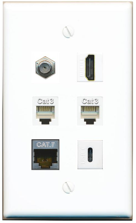  CAT7 COAX HDMI 2 PHONE USBC Flat/Solid Wall Plate [White]