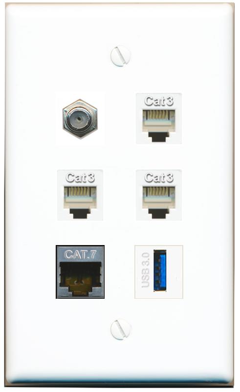  CAT7 COAX 3 PHONE USB-3 Flat/Solid Wall Plate [White]