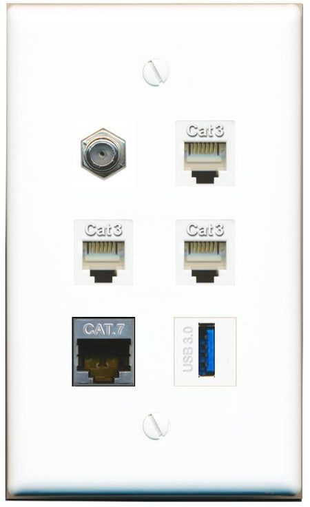  CAT7 COAX 3 PHONE USB-3 Flat/Solid Wall Plate [White]