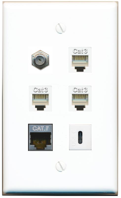  CAT7 COAX 3 PHONE USBC Flat/Solid Wall Plate [White]