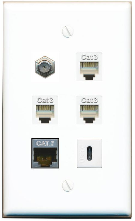  CAT7 COAX 3 PHONE USBC Flat/Solid Wall Plate [White]