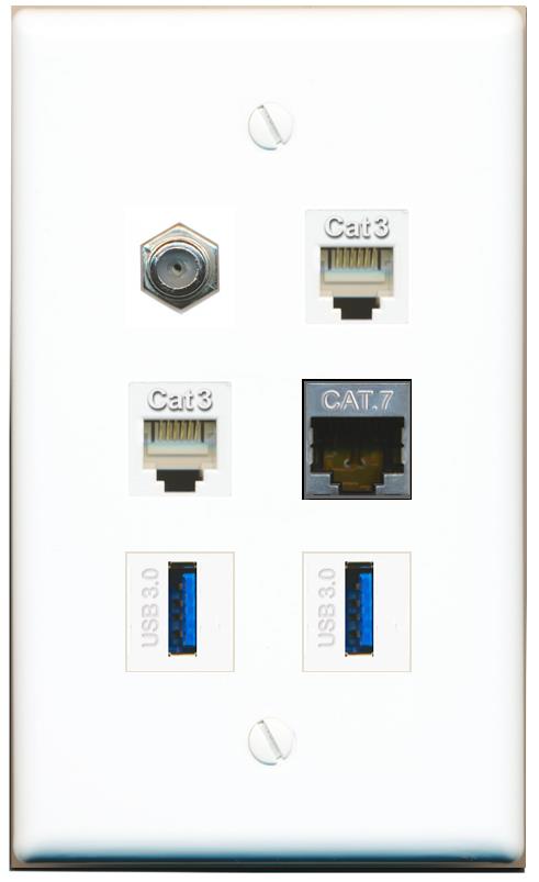  CAT7 COAX 2 PHONE 2 USB-3 Flat/Solid Wall Plate [White]