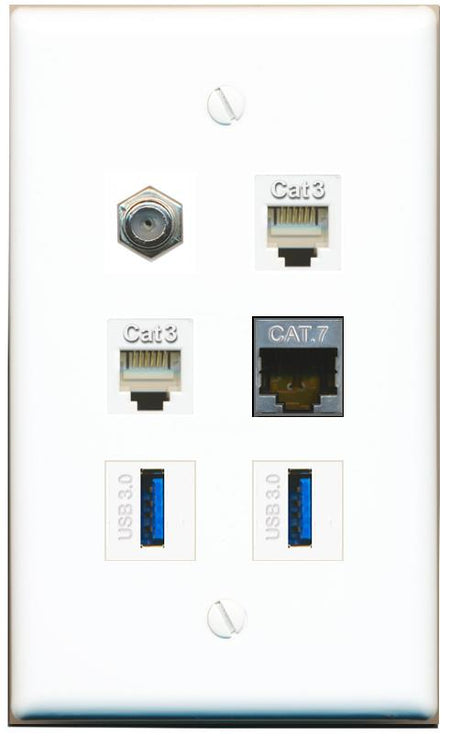  CAT7 COAX 2 PHONE 2 USB-3 Flat/Solid Wall Plate [White]