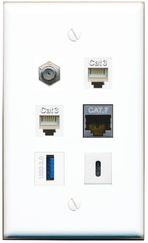  CAT7 COAX 2 PHONE USB-3 USBC Flat/Solid Wall Plate [White]
