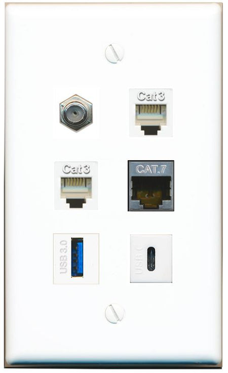  CAT7 COAX 2 PHONE USB-3 USBC Flat/Solid Wall Plate [White]