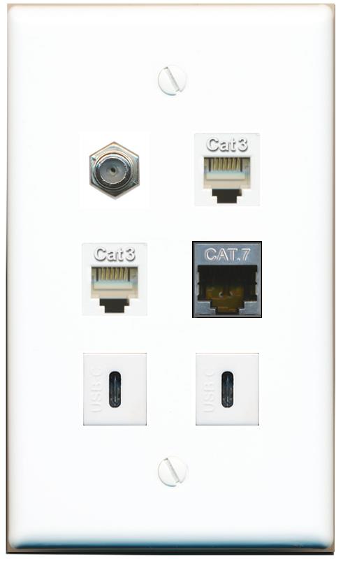  CAT7 COAX 2 PHONE 2 USBC Flat/Solid Wall Plate [White]