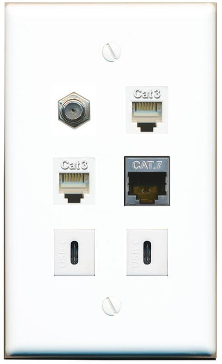  CAT7 COAX 2 PHONE 2 USBC Flat/Solid Wall Plate [White]