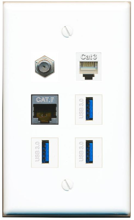  CAT7 COAX PHONE 3 USB-3 Flat/Solid Wall Plate [White]
