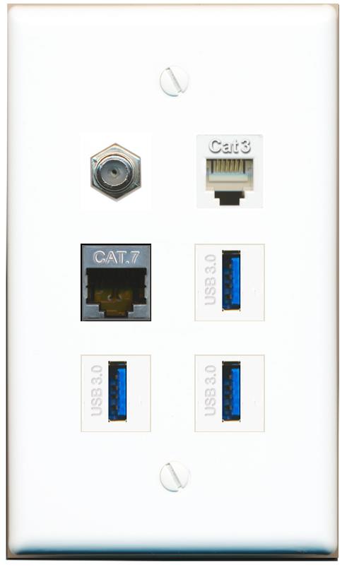  CAT7 COAX PHONE 3 USB-3 Flat/Solid Wall Plate [White]