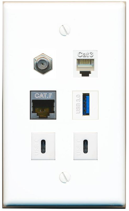  CAT7 COAX PHONE USB-3 2 USBC Flat/Solid Wall Plate [White]