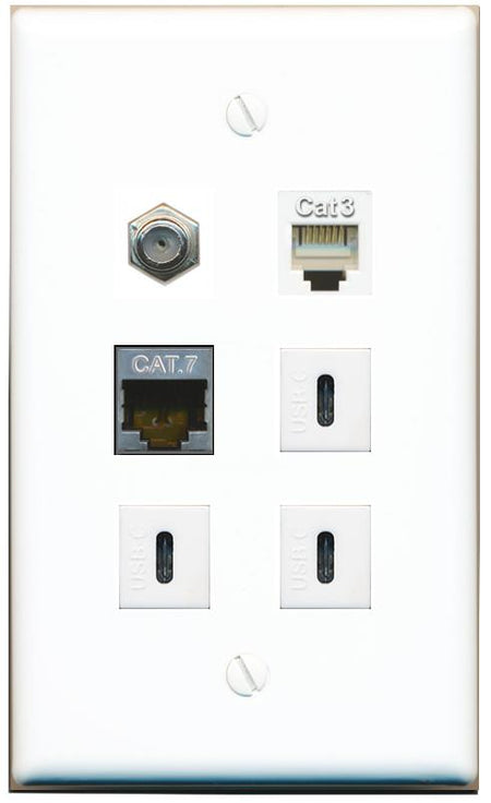  CAT7 COAX PHONE 3 USBC Flat/Solid Wall Plate [White]