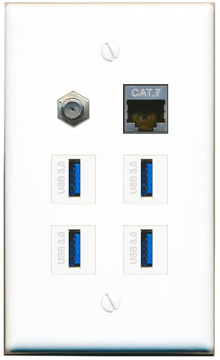  CAT7 COAX 4 USB-3 Flat/Solid Wall Plate [White]