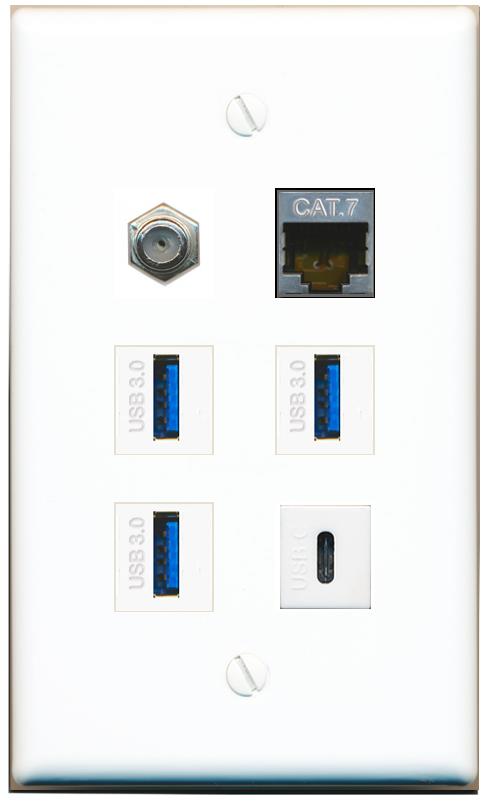  CAT7 COAX 3 USB-3 USBC Flat/Solid Wall Plate [White]