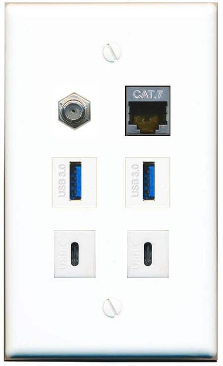  CAT7 COAX 2 USB-3 2 USBC Flat/Solid Wall Plate [White]