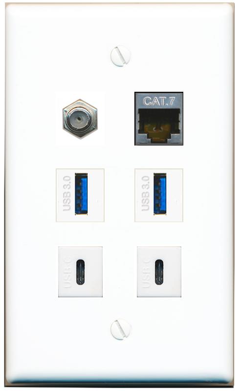  CAT7 COAX 2 USB-3 2 USBC Flat/Solid Wall Plate [White]