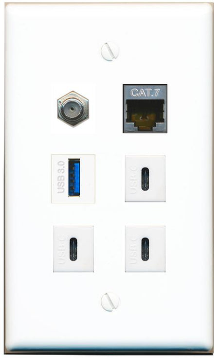  CAT7 COAX USB-3 3 USBC Flat/Solid Wall Plate [White]
