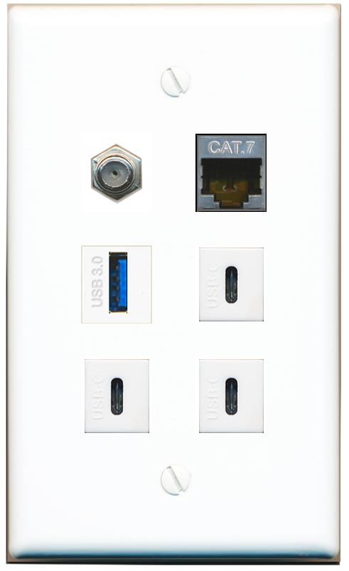  CAT7 COAX USB-3 3 USBC Flat/Solid Wall Plate [White]