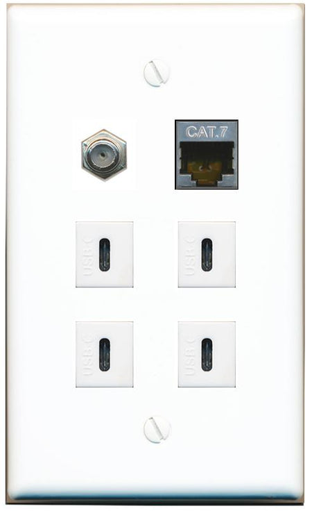  CAT7 COAX 4 USBC Flat/Solid Wall Plate [White]