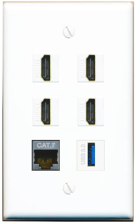  CAT7 4 HDMI USB-3 Flat/Solid Wall Plate [White]