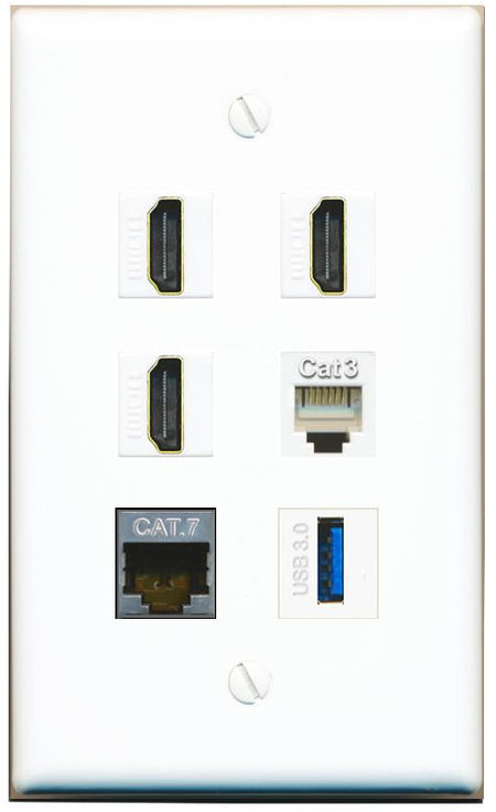  CAT7 3 HDMI PHONE USB-3 Flat/Solid Wall Plate [White]