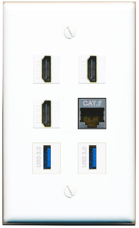  CAT7 3 HDMI 2 USB-3 Flat/Solid Wall Plate [White]