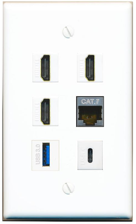  CAT7 3 HDMI USB-3 USBC Flat/Solid Wall Plate [White]