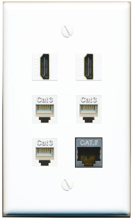 CAT7 2 HDMI 3 PHONE Flat/Solid Wall Plate [White]