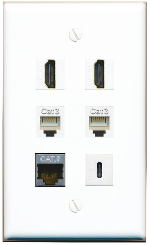  CAT7 2 HDMI 2 PHONE USBC Flat/Solid Wall Plate [White]