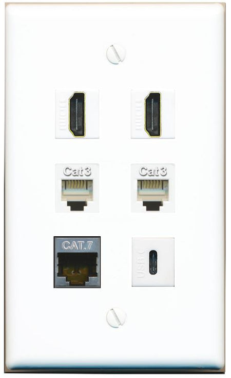  CAT7 2 HDMI 2 PHONE USBC Flat/Solid Wall Plate [White]
