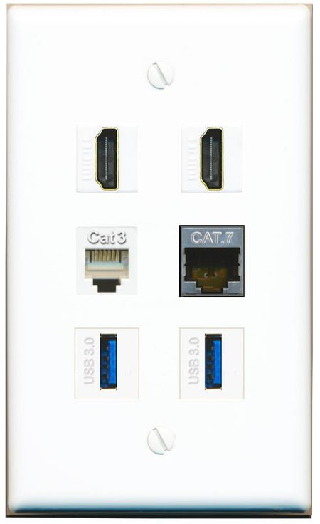  CAT7 2 HDMI PHONE 2 USB-3 Flat/Solid Wall Plate [White]