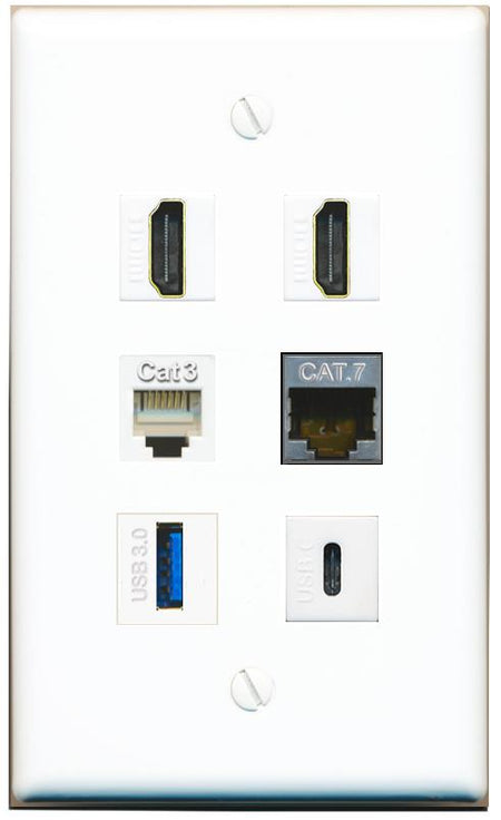  CAT7 2 HDMI PHONE USB-3 USBC Flat/Solid Wall Plate [White]