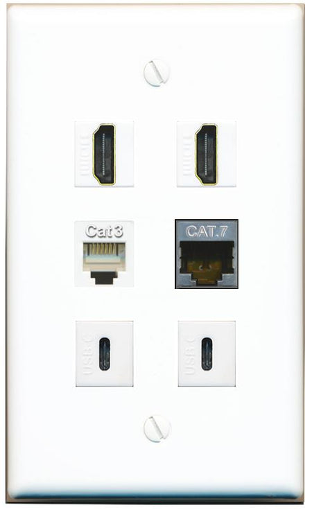  CAT7 2 HDMI PHONE 2 USBC Flat/Solid Wall Plate [White]