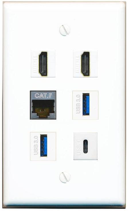  CAT7 2 HDMI 2 USB-3 USBC Flat/Solid Wall Plate [White]