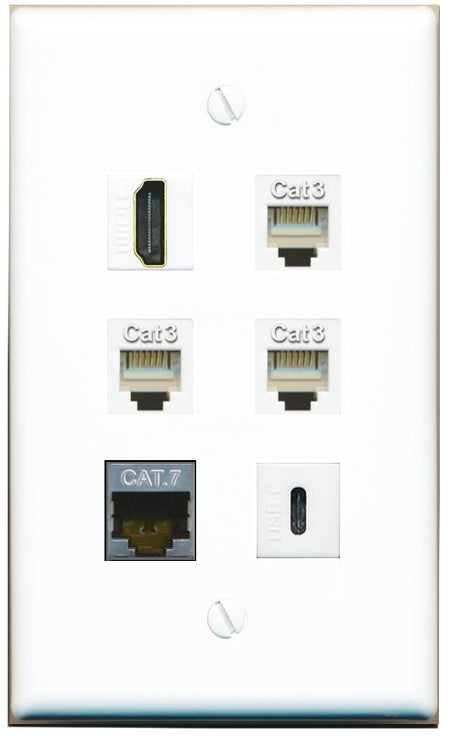  CAT7 HDMI 3 PHONE USBC Flat/Solid Wall Plate [White]