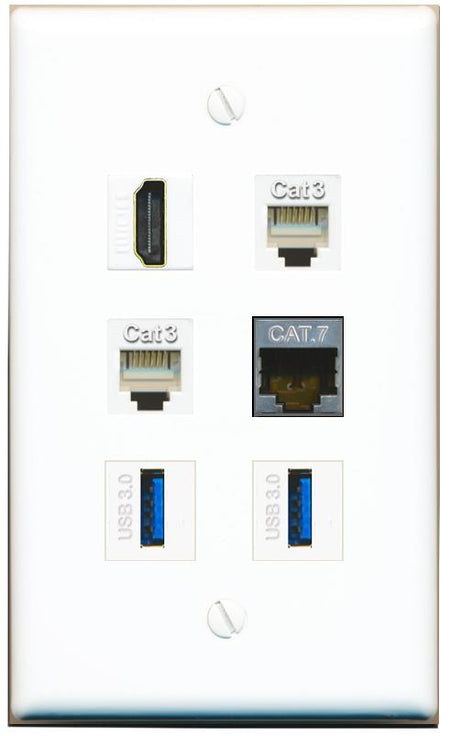  CAT7 HDMI 2 PHONE 2 USB-3 Flat/Solid Wall Plate [White]