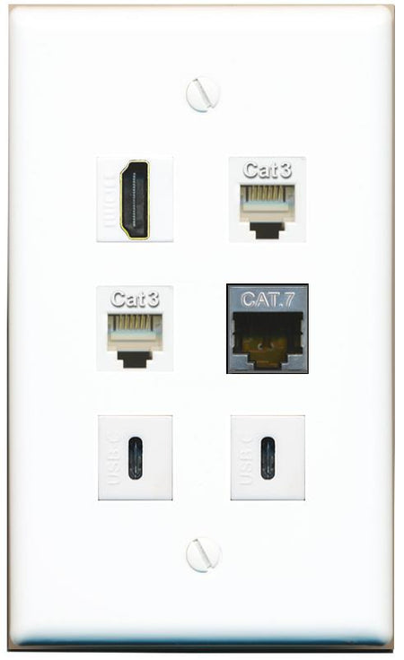  CAT7 HDMI 2 PHONE 2 USBC Flat/Solid Wall Plate [White]