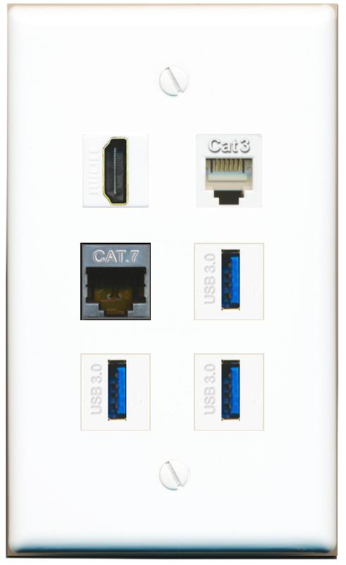  CAT7 HDMI PHONE 3 USB-3 Flat/Solid Wall Plate [White]