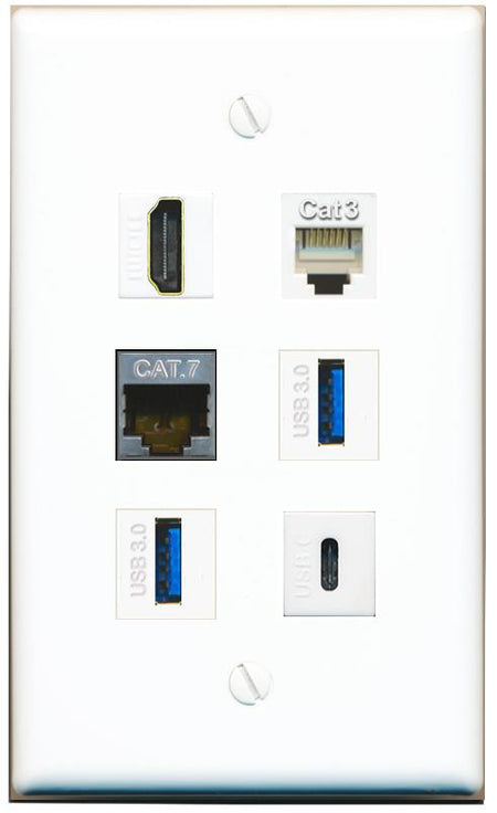  CAT7 HDMI PHONE 2 USB-3 USBC Flat/Solid Wall Plate [White]