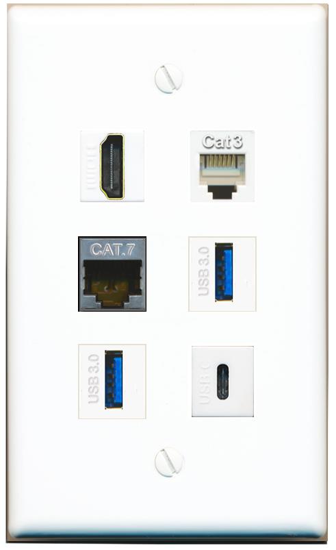  CAT7 HDMI PHONE 2 USB-3 USBC Flat/Solid Wall Plate [White]