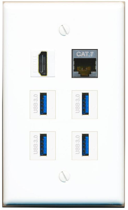  CAT7 HDMI 4 USB-3 Flat/Solid Wall Plate [White]