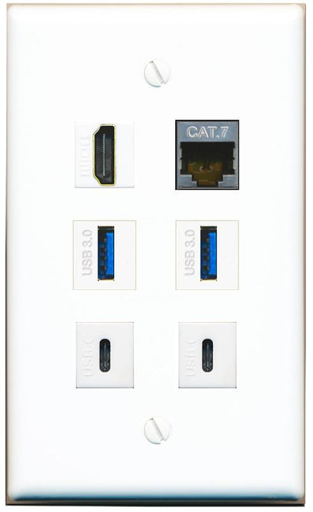  CAT7 HDMI 2 USB-3 2 USBC Flat/Solid Wall Plate [White]