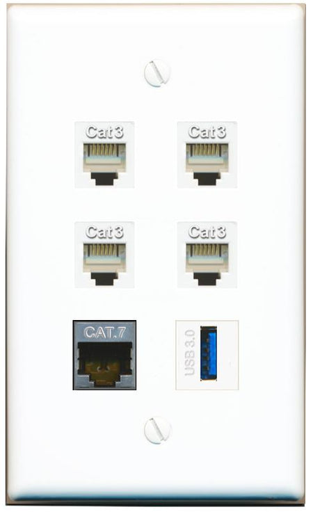  CAT7 4 PHONE USB-3 Flat/Solid Wall Plate [White]