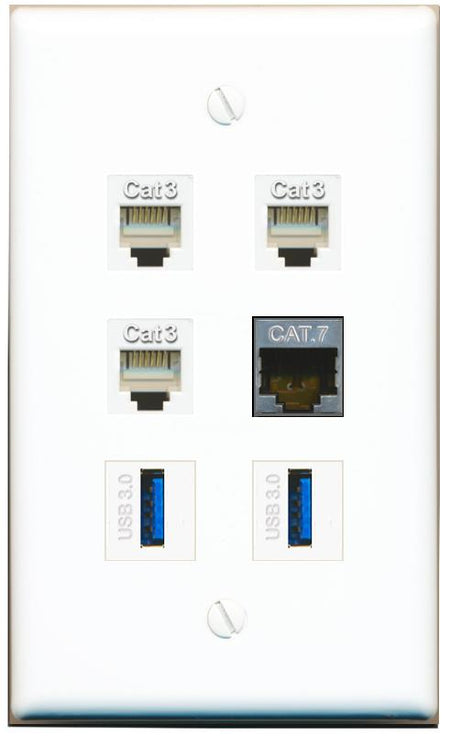  CAT7 3 PHONE 2 USB-3 Flat/Solid Wall Plate [White]