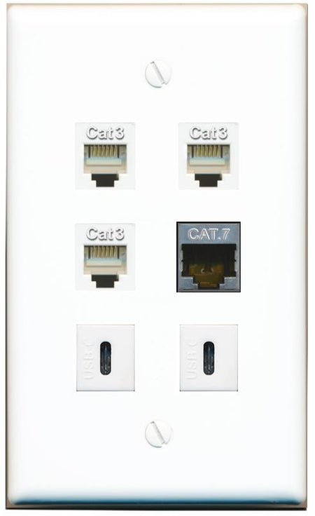  CAT7 3 PHONE 2 USBC Flat/Solid Wall Plate [White]
