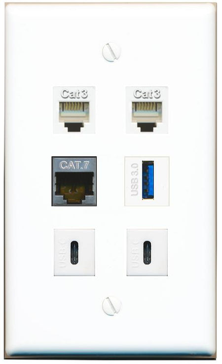  CAT7 2 PHONE USB-3 2 USBC Flat/Solid Wall Plate [White]