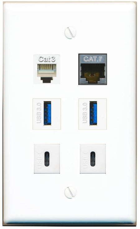  CAT7 PHONE 2 USB-3 2 USBC Flat/Solid Wall Plate [White]