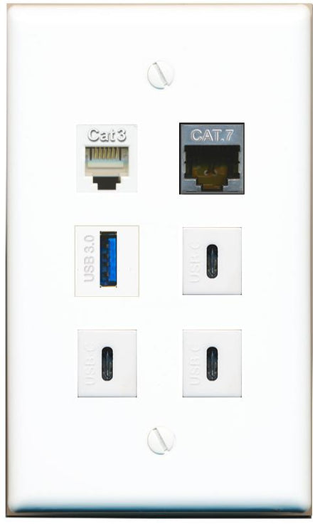  CAT7 PHONE USB-3 3 USBC Flat/Solid Wall Plate [White]