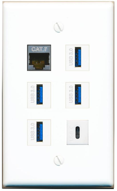  CAT7 4 USB-3 USBC Flat/Solid Wall Plate [White]