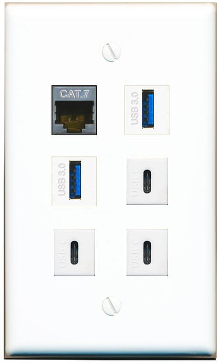  CAT7 2 USB-3 3 USBC Flat/Solid Wall Plate [White]